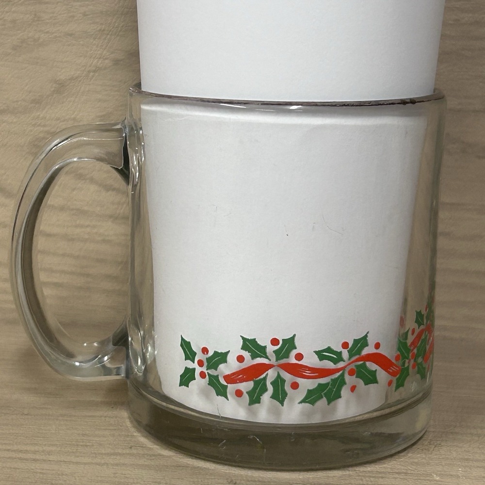 Vintage 1990's Long John Silvers Glass Holiday Mug Holly & Berries